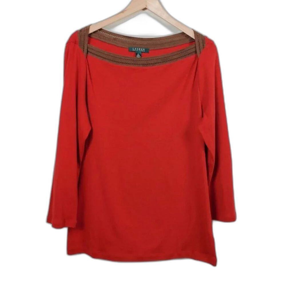 Lauren Ralph Lauren Red Cotton Top Women Size XL Boat Neckline Brown Mesh Trim